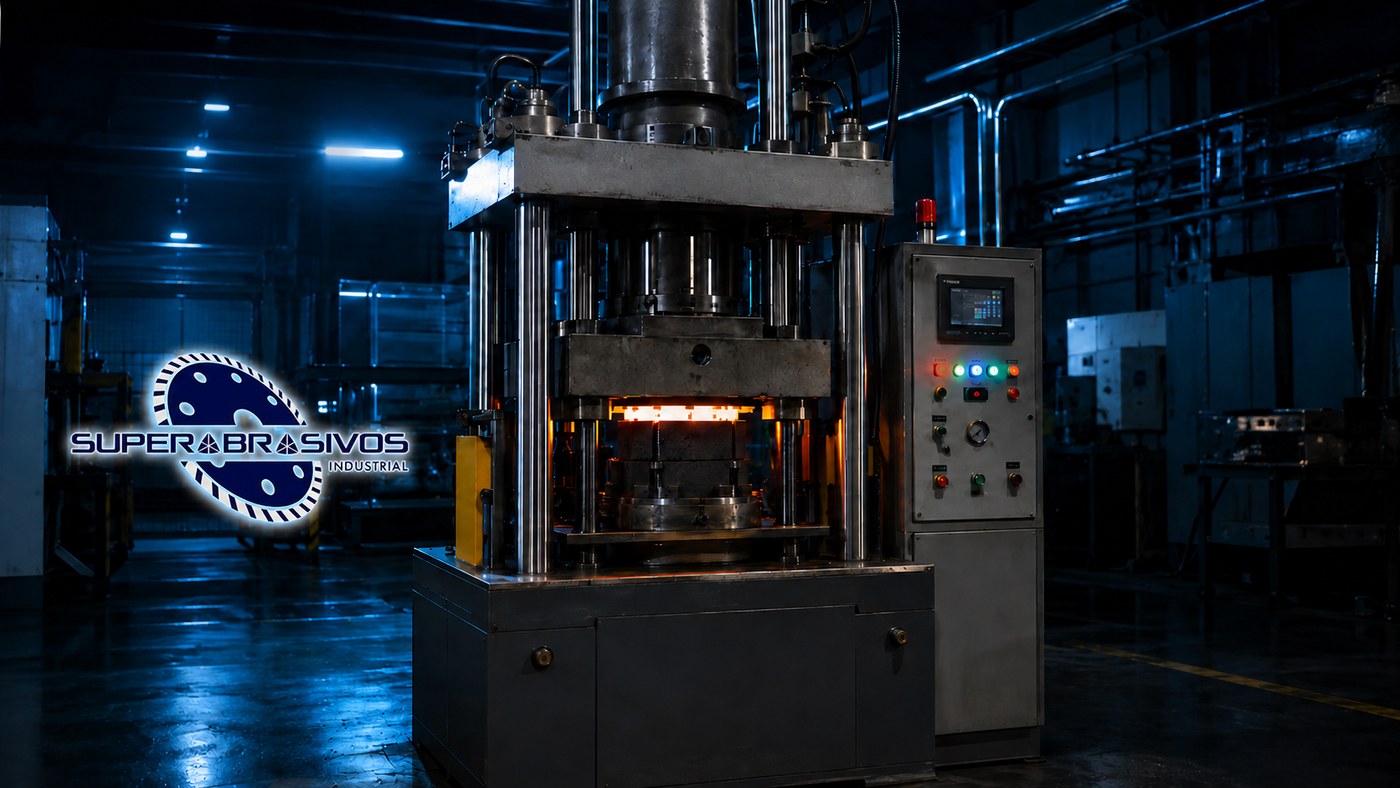 Prensa de sinterização na fábrica da Superabrasivos — fabricação própria de ferramentas diamantadas